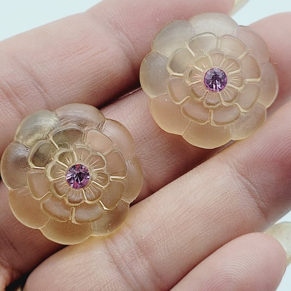 Vintage Transparent Carved Plastic Earrings Flower Pink Rhinestone 1"
